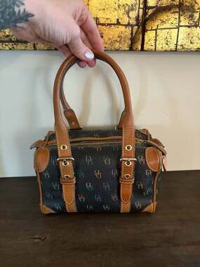 Vintage Dooney & Bourke Multicolor DB Monogram Mini Boston Bag with Heart Charm